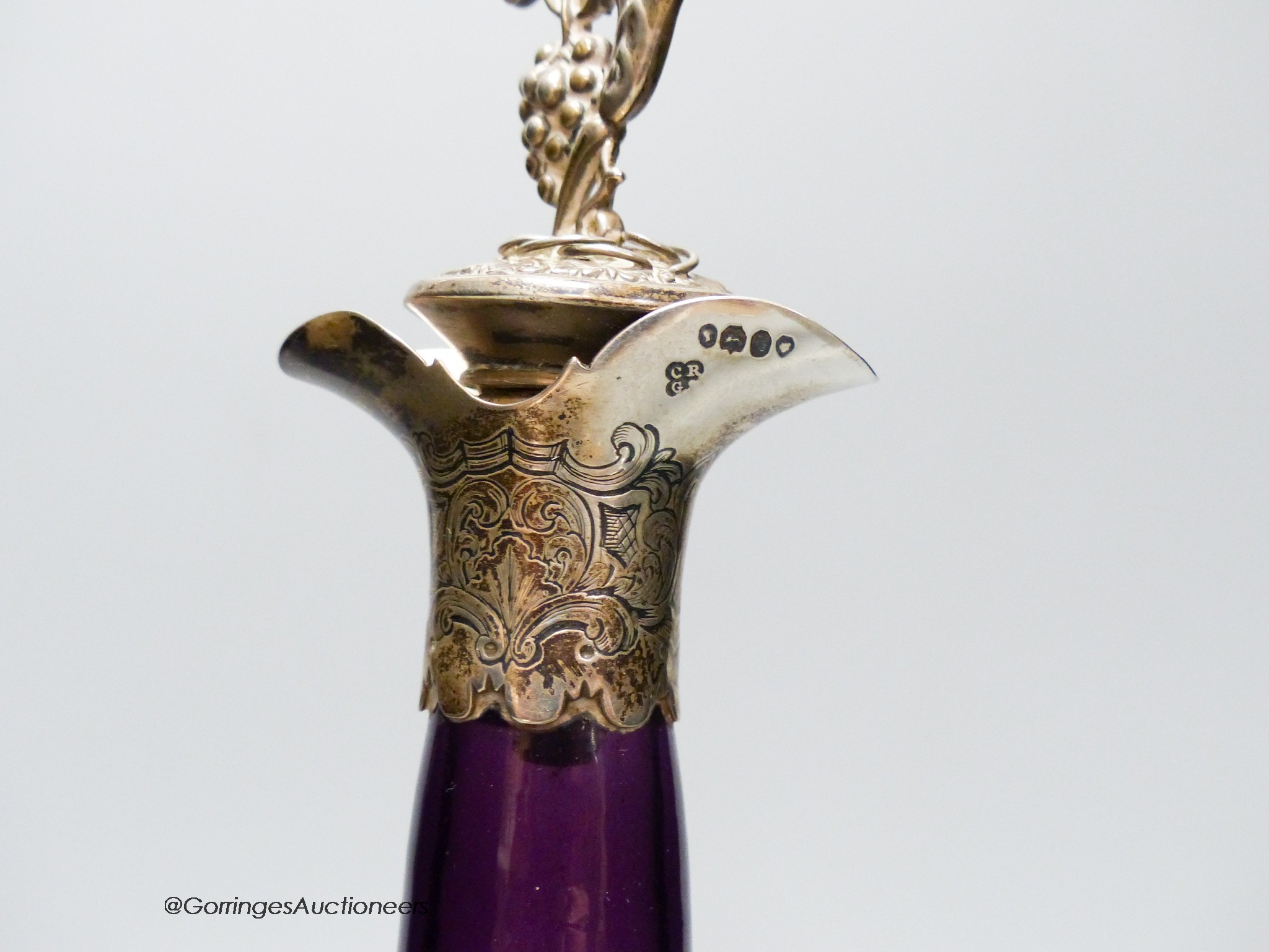 A Victorian silver mounted amethyst glass decanter, height 31cm